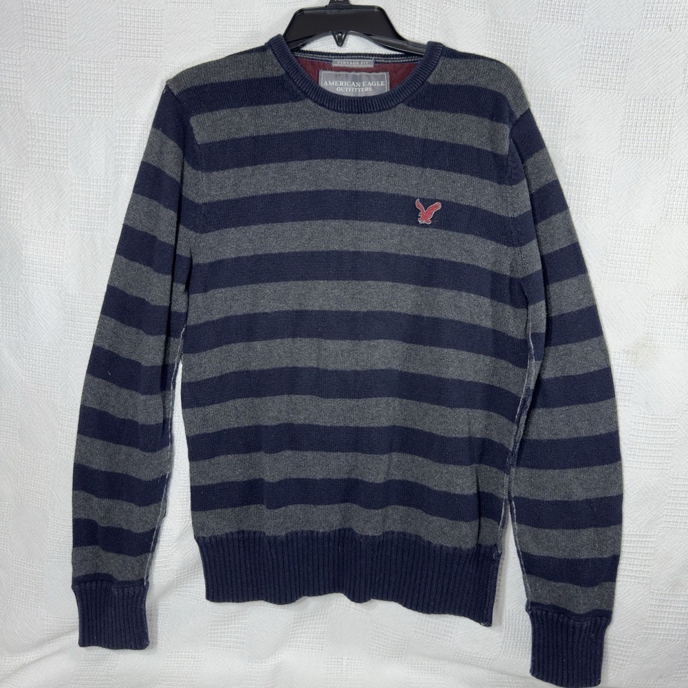 AMERICAN EAGLE AEO Vintage Fit Pullover Sweater SZ MENS LARGE Gray Blue Stripe